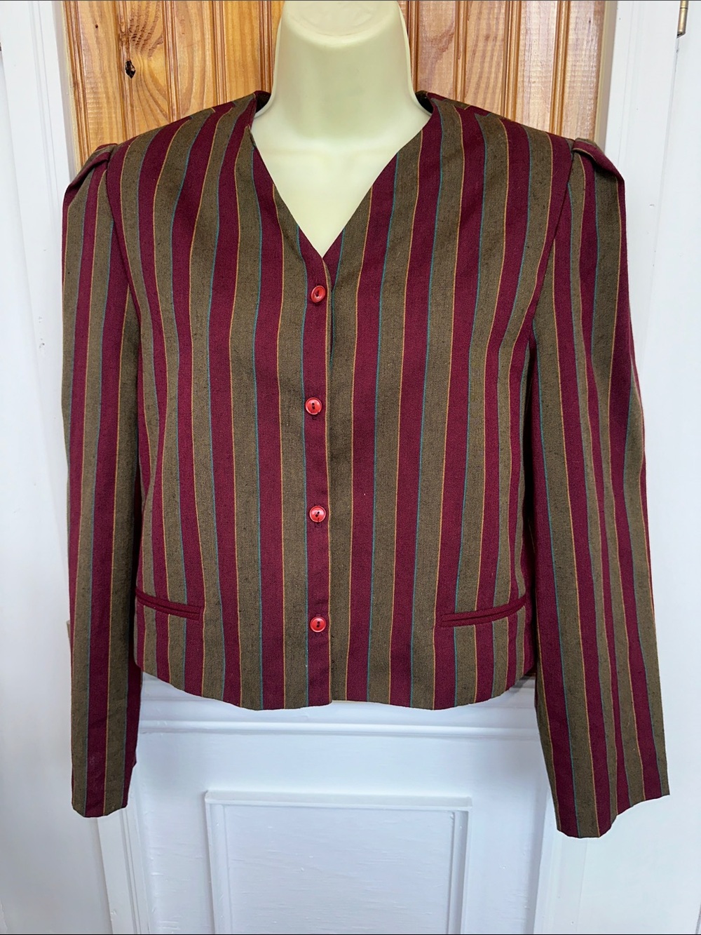 Vintage Homemade Striped Button-Front Cropped Jacket in‎ Burgundy & Olive